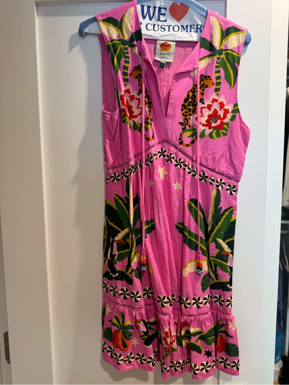 FARM Rio Pink Tropical Sleeveless Women’s Dress with Green & Red Accents